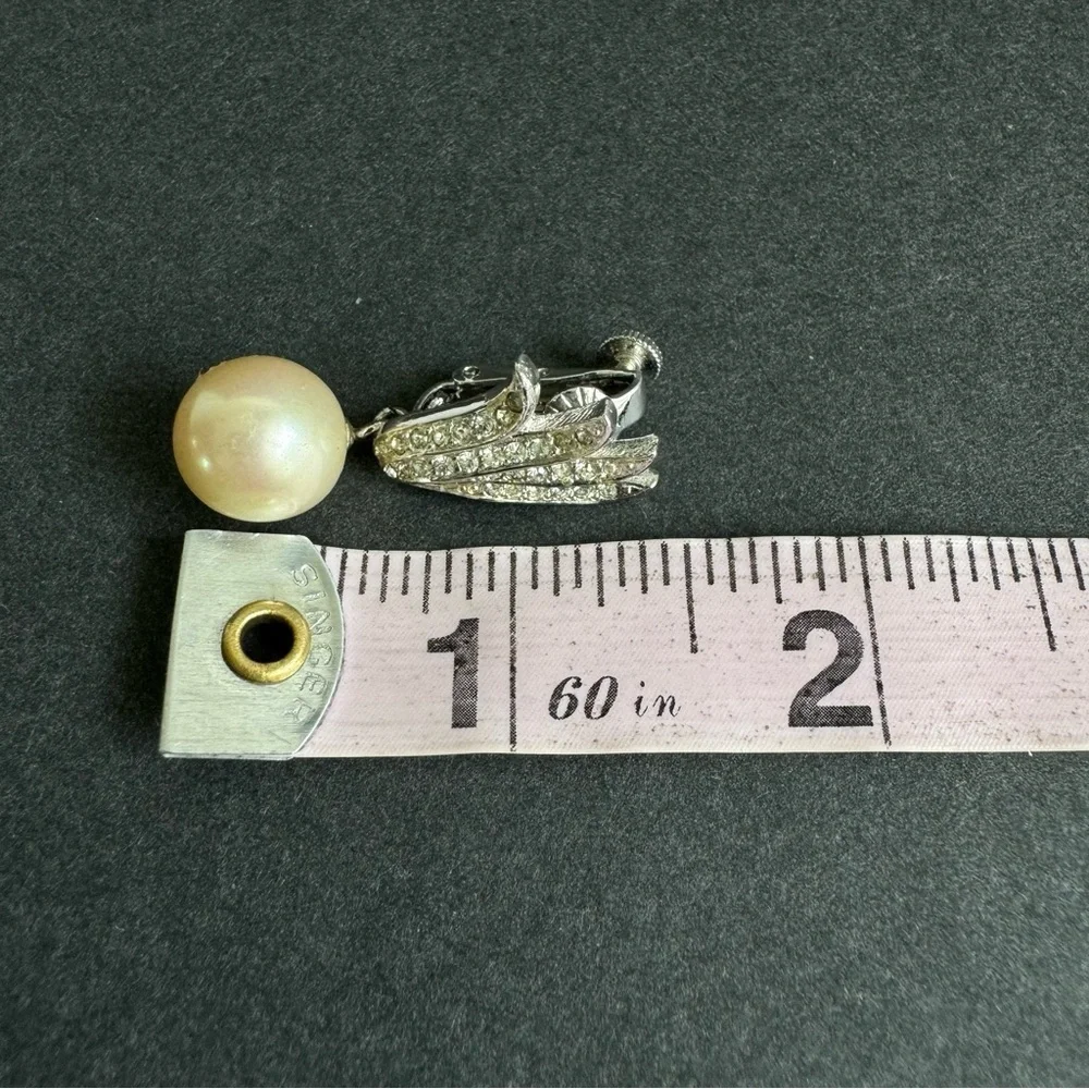 Vintage‎ Vendome Pearl Drop Clip-On Earrings Silver Rhinestone Bridal Bride